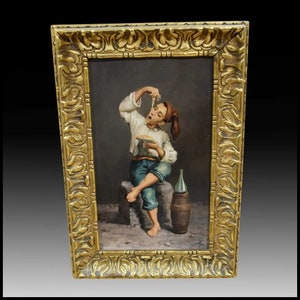 Antique Oil Painting Orginal • An Original Early 20th Century Oil Painting on Panel Depicting A Young Man Eating • Unsigned
