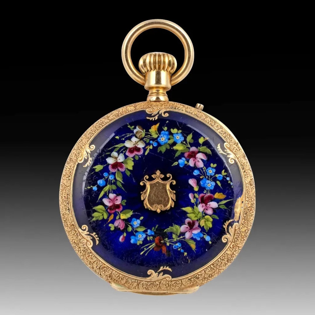 Vintage 18k Gold Enamel Pocket Watch: Swiss Floral Motif, Circa