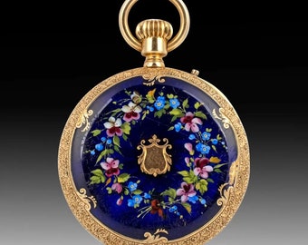 Vintage 18k Gold Emaille Taschenuhr: Schweizer Blumen Motiv, Circa 1880