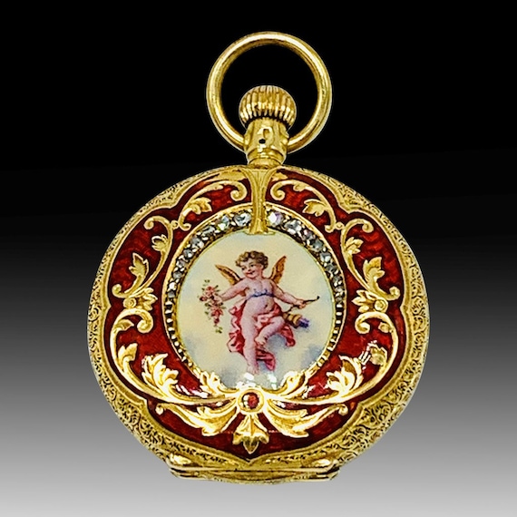 Antique Pocket Watch Signed Waltham Mass Circa. 1898 • A Rare 18CT Gold Enamel Diamond-Set