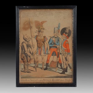 Grabado militar antiguo • Una rara caricatura coloreada del siglo XVIII "Hero's in Council" publicada por primera vez en 1798 por SW Tores