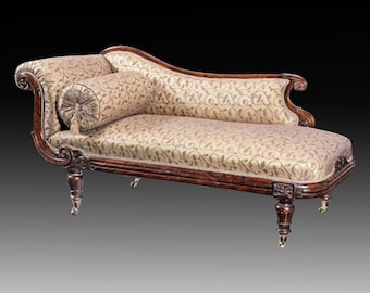 William IV Rosewood Chaise Longue: Upholstered Antique Settee