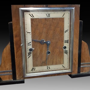 1930s Unique Geometric Art Deco Mantle Clock • Walnut Antique Standing Clock • Desk, Office, Home, Living Room & Tabletop Decor Objects
