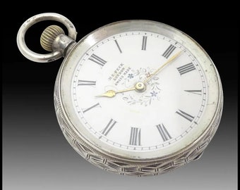 Antique Silver Swiss Pocket Watch: H. E. Peck London, Floral Enamel Dial, Circa 1890
