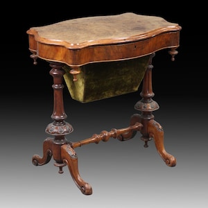 Antique Victorian Burr Walnut Needlework Table Of Serpentine Shape •  Antique Side Table • Antique Coffee Table