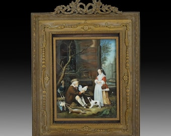 A Fine Antique Old Master the Poultry Seller After Gabriel Metsu - Expertly Painted in Ornate French Bronze Frame Circa. 19th Century