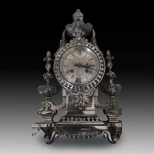 Antique Mantle Clock • A Rare Neoclassical Antique Vintage French Empire Silvered Bronze Mantle Clock. c. 1870