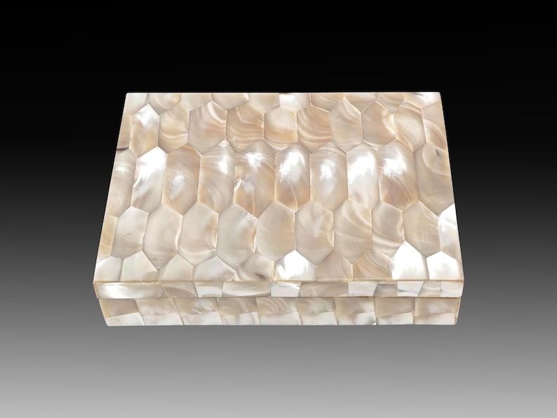 May include: A rectangular box with a lid, covered in a mosaic of iridescent, pearlescent shell pieces. The shell pieces are arranged in a repeating, geometric pattern, creating a shimmering effect. The box is likely used for storage or display.