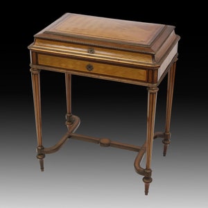 Rare Charles-Guillaume Diehl Antique Dressing Table • 19th Century French Satinwood and Mahogany Table with Parquetry Design