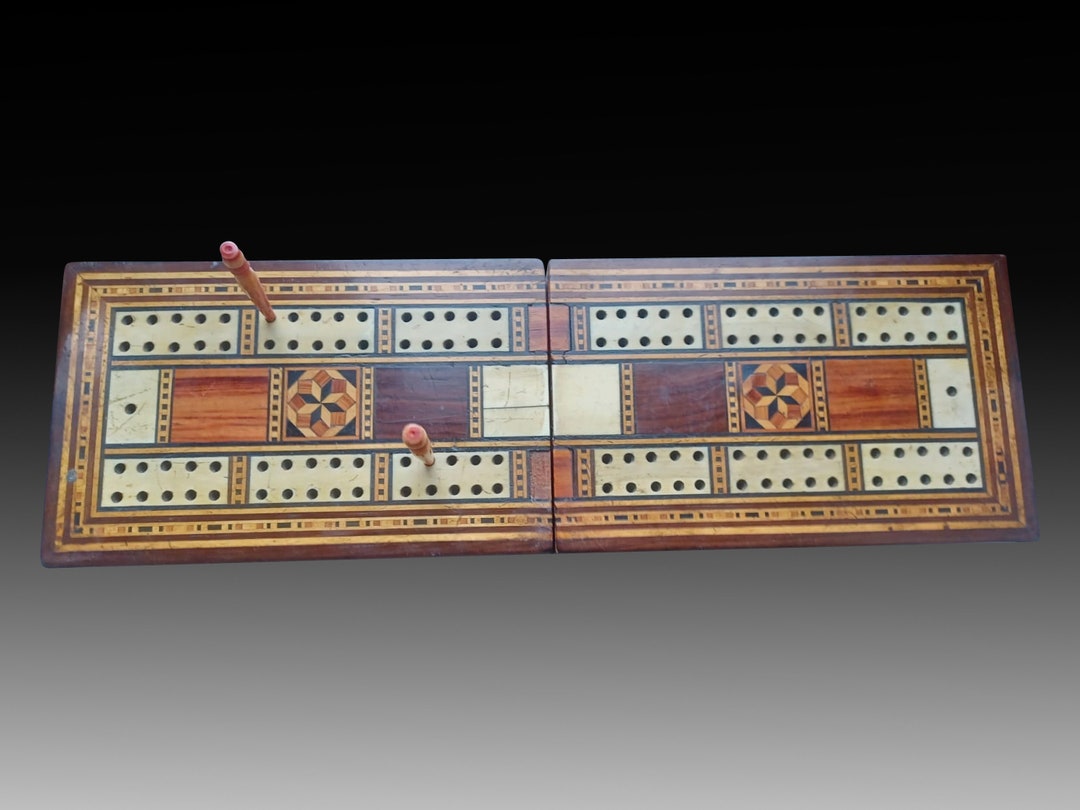Antique Victorian Mahogany Games Box: Bridge Set & Inlaid Cribbage ...