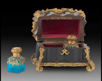 Early 19th Century Grand Tour Souvenirs Palais Royale French Empire Ebonized Fragrance Necessaire with Gold Gilt Bottles & A Sèvres Panel