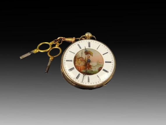Rare French Antique Pocket Watch With Polychrome Enamel Dial Rare French Antique Pocket Watch With Polychrome Enamel Dial