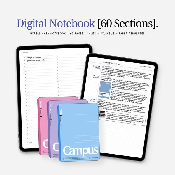 Campus Digital Hyperlinked Notebook | 60 Tabs, Interactive Notes, Grid Paper Templates for iPad GoodNotes, Noteshelf, Notability