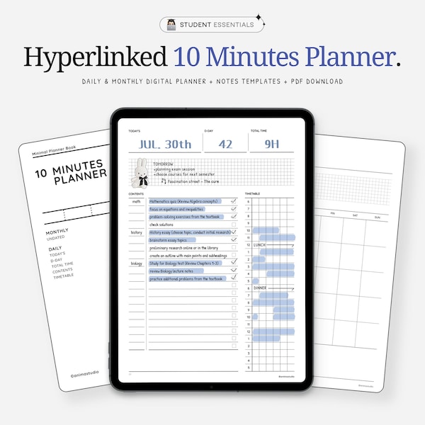 10 Minutes Hyperlinked Planner | Digital Time Blocking Student Planner Templates for iPad GoodNotes, NoteShelf, Notability | Interactive PDF