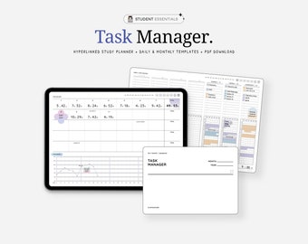 Agenda mensuel avec liens hypertexte Task Manager | Suivi d'étude numérique non daté pour iPad GoodNotes, NoteShelf, Notability | PDF interactif