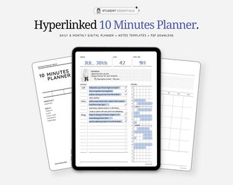Agenda 10 minutes avec liens hypertexte | Modèles d'agenda numérique pour étudiants avec blocage du temps pour iPad GoodNotes, NoteShelf, Notability | PDF interactif