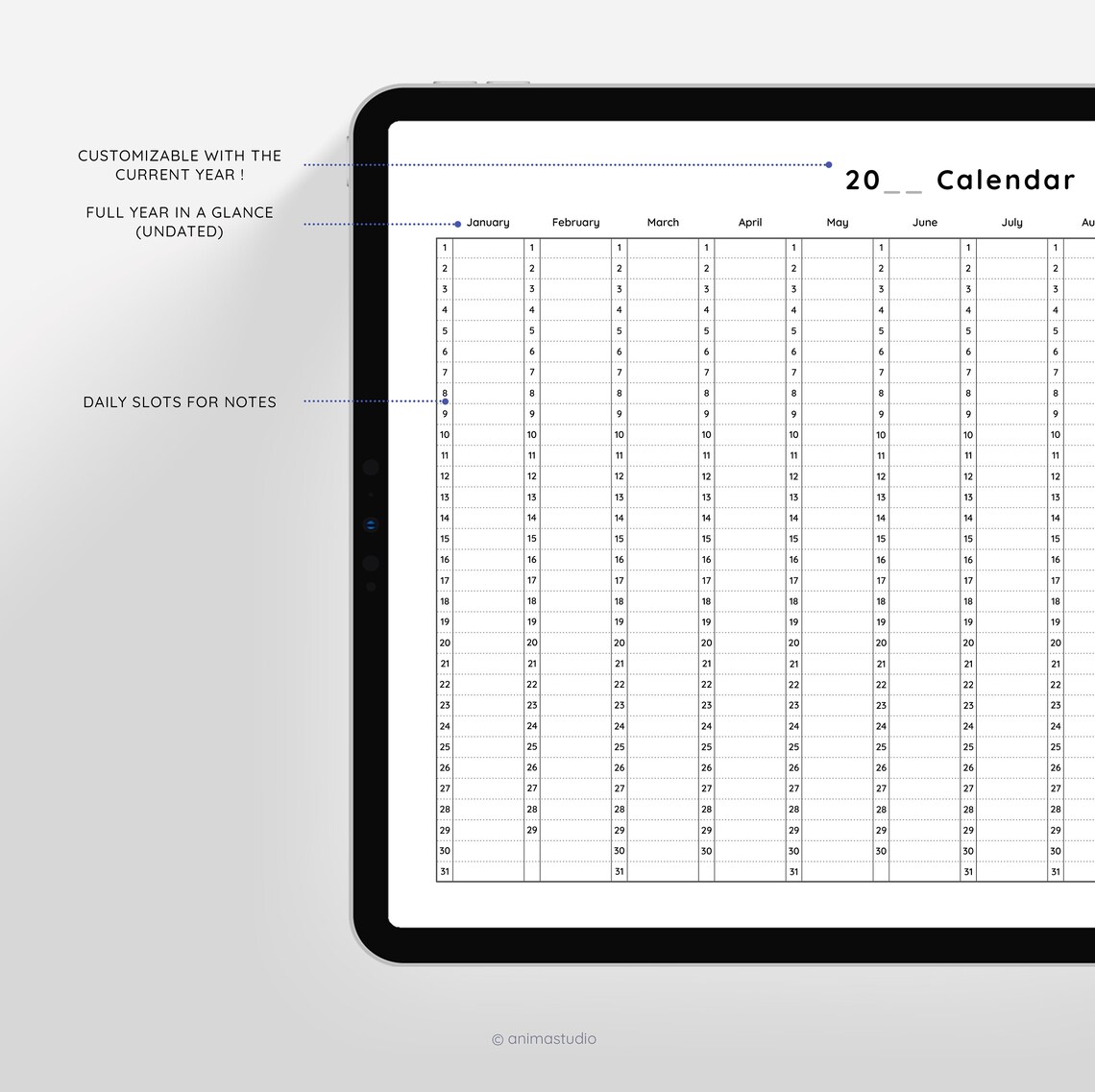 Yearly Perpetual Calendar Undated Annual Wall Planner Year at a Glance Year on One Page A4, A3 ...