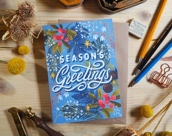 Biglietto Auguri di Natale | Season's Greetings | Cartolina Illustrata Natalizia | Christmas Card | Dipinta a Mano | Cartolina con Busta