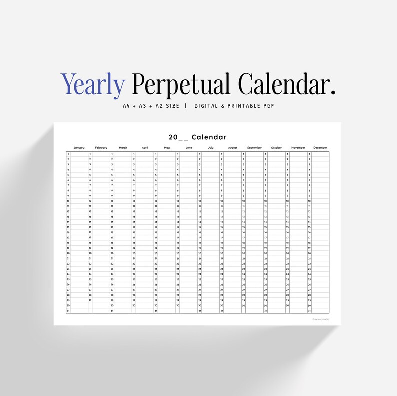 Yearly Perpetual Calendar Undated Annual Wall Planner Year at a Glance Year on One Page A4, A3 ...