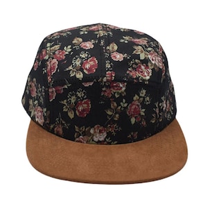 5 Panel Floral Hat, Brown Suede