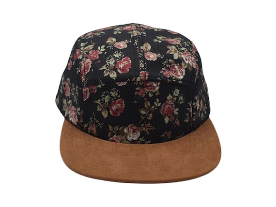 5 Panel Floral Hat, Brown Suede