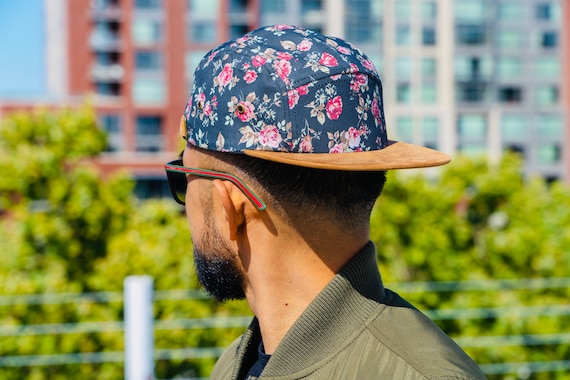 5 Panel Floral Hat, Brown Suede