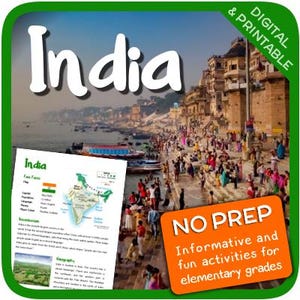 Op de afbeelding: Een kleurrijke, printbare bron voor het lesgeven over India. De bron bevat een kaart, feiten en activiteiten. De afbeelding toont een foto van de Ganges in India met mensen die in het water baden. De tekst "India" staat in een groot, groen lettertype bovenaan de afbeelding. De tekst "No Prep Informative and fun activities for elementary grades" staat in een groot, oranje lettertype onderaan de afbeelding.