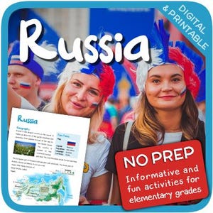 Peut inclure: Une ressource éducative imprimable pour les élèves du primaire sur la Russie. L'image présente une carte colorée de la Russie, un drapeau et une zone de texte avec des informations sur le pays. Le texte "No Prep Informative and fun activities for elementary grades" est affiché sur un bouton rouge.