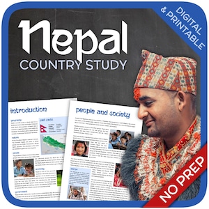 Puede incluir: Un recurso de estudio de país digital e imprimible sobre Nepal. El recurso incluye información sobre geografía, naturaleza, personas y sociedad. La imagen de portada presenta a un hombre con ropa tradicional nepalí y un mapa de Nepal.