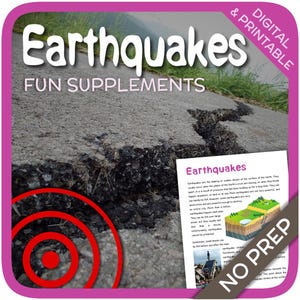 Op de afbeelding: Een printbare educatieve bron om te leren over aardbevingen. De afbeelding toont een gebarsten weg met een diagram van de aardlagen en een beschrijving van aardbevingen. De tekst "Earthquakes" en "No Prep" is zichtbaar in de afbeelding.
