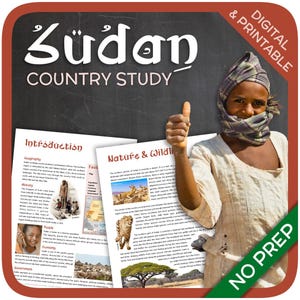 Könnte beinhalten: Digitale und druckbare Bildungsressource "Sudan Country Study". Das Bild zeigt eine Person, die einen Daumen hoch gibt, mit Studienseiten zu Geografie, Geschichte und Natur. Der Titel ist in großen weißen Buchstaben.