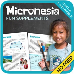 Könnte beinhalten: Ein teal-gerahmter, druckbarer Lehrinhalt mit dem Titel "Micronesia Fun Supplements". Das Bild zeigt ein lächelndes Mädchen, das einen Stock hält, mit zwei Seiten Bildungsinhalten über Mikronesien. Der Text "Digital & Printable" und "No Prep" sind ebenfalls sichtbar.