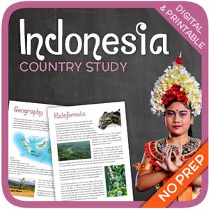 Könnte beinhalten: Eine druckbare Länderkunde über Indonesien mit einem schwarzen Tafelhintergrund. Der Titel lautet "Indonesia Country Study" in weißer Schrift. Das Bild zeigt auch eine Frau in traditioneller indonesischer Kopfbedeckung und einem farbenfrohen Outfit. Der Text "Digital & Printable" befindet sich in der oberen rechten Ecke. Der Text "No Prep" befindet sich in der unteren rechten Ecke.
