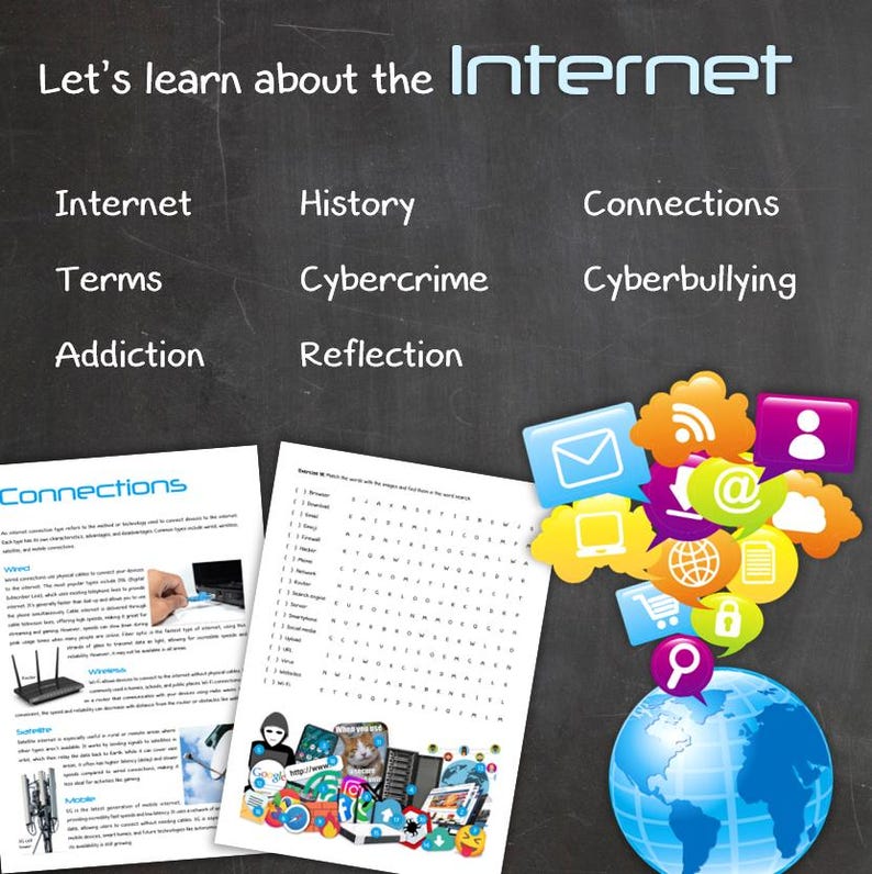 Może przedstawiać: Tablica z napisem "Let's learn about the Internet" napisanym niebieskim kolorem. Pod tytułem znajduje się kilka sł&oacute;w związanych z internetem, w tym "Internet", "Historia", "Połączenia", "Terminy", "Cyberprzestępczość", "Cyberprzemoc", "Uzależnienie" i "Refleksja". Widoczny jest r&oacute;wnież globus z chmurką nad nim, a także kilka innych chmurek z ikonami związanymi z internetem, takimi jak e-mail, symbol @, koszyk na zakupy i lupa. Są też dwa arkusze ćwiczeń, jeden z krzyż&oacute;wką, a drugi z kolażem obraz&oacute;w związanych z internetem.