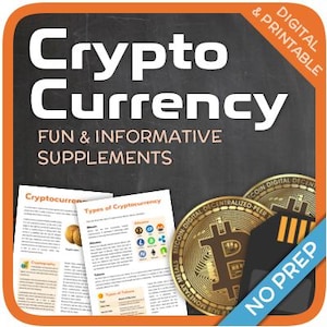May include: A digital printable resource for learning about cryptocurrency. The image shows a chalkboard with the text "Crypto Currency Fun & Informative Supplements" and a gold coin with the text "Bitcoin Digital Decentralized-Peer to Peer Monetary System".