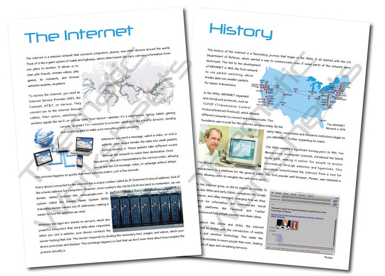 Może przedstawiać: Schemat wyjaśniający działanie Internetu, z mapą świata pokazującą globalny zasięg Internetu. Tekst opisuje Internet jako sieć komputer&oacute;w, telefon&oacute;w i innych urządzeń na całym świecie. Schemat pokazuje, jak dane podr&oacute;żują między urządzeniami i jak uzyskuje się dostęp do Internetu za pośrednictwem dostawc&oacute;w usług internetowych (ISP).