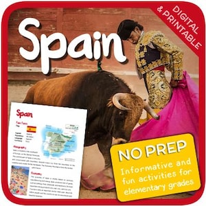 Op de afbeelding: Een kleurrijke, printbare educatieve bron over Spanje. De afbeelding toont een stierenvechter in traditionele kleding, een stier en een kaart van Spanje. De tekst "Spanje" staat in grote witte letters bovenaan de afbeelding. De tekst "No Prep Informative and fun activities for elementary grades" staat in gele letters op een gele achtergrond onderaan de afbeelding.
