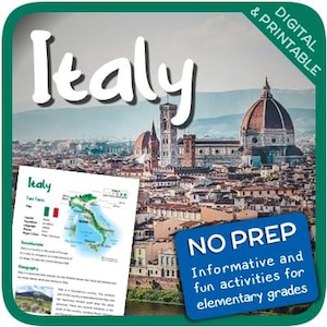 May include: A printable educational resource about Italy, featuring a map of the country, fun facts, and a photo of the city of Florence. The text "No Prep Informative and fun activities for elementary grades" is on a blue banner.