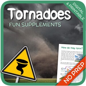 Puede incluir: Un recurso educativo imprimible sobre tornados. La imagen presenta una señal de advertencia amarilla con un símbolo de tornado, una nube gris oscura con una nube embudo y un cuadro de texto que explica cómo se forman los tornados. El texto incluye las palabras "¿Cómo se forman?" y "Sin preparación".