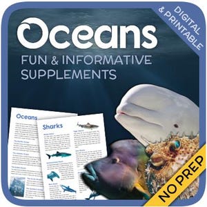Puede incluir: Un conjunto de recursos educativos imprimibles sobre los océanos, con ilustraciones de tiburones, ballenas y otras criaturas marinas. El texto de la página dice "Oceans Fun & Informative Supplements" y "Sharks".