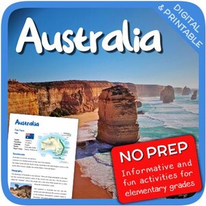 Pode incluir: Um recurso educacional imprimível para alunos do ensino fundamental sobre a Austrália. A imagem apresenta um mapa colorido da Austrália, uma foto das formações rochosas dos Doze Apóstolos e o texto "NO PREP Informative and fun activities for elementary grades".