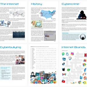 Może przedstawiać: Kolorowa infografika o Internecie, zawierająca sekcje o jego historii, cyberprzestępczości, cyberprzemocy i markach internetowych. Infografika zawiera tekst, obrazy i krzyż&oacute;wkę.