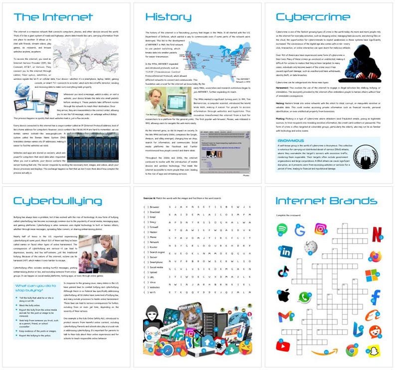 Może przedstawiać: Kolorowa infografika o Internecie, zawierająca sekcje o jego historii, cyberprzestępczości, cyberprzemocy i markach internetowych. Infografika zawiera tekst, obrazy i krzyż&oacute;wkę.