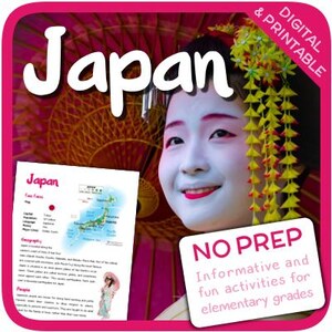 May include: A digital and printable educational resource about Japan. The image features a geisha with white face makeup, red lips, and a traditional hairstyle. The text "Japan" is displayed prominently, along with a worksheet and the words "No Prep".