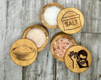 Bamboo Salt Cellar, Laser Engraved Salt Box, Pinch Pot, Salt Pig, Spice Keeper, Cooking Accessory, Housewarming Present, Mother's Day Gift