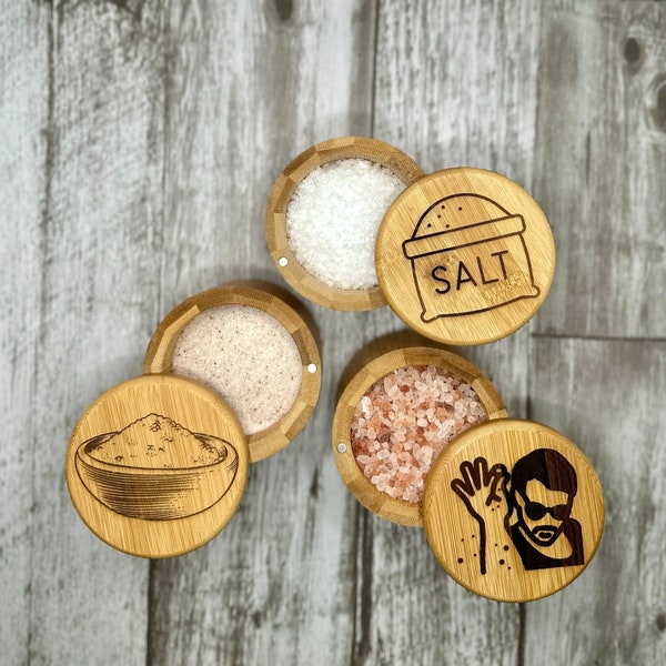 Bamboo Salt Cellar, Laser Engraved Salt Box, Pinch Pot, Salt Pig, Spice Keeper, Cooking Accessory, Housewarming Present, Mother's Day Gift