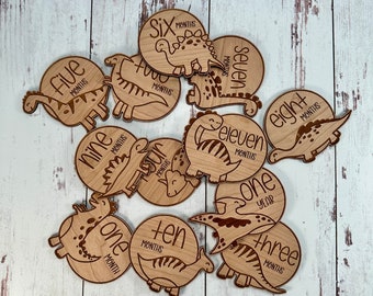 Cherry Dino Themed Baby Milestone Markers, Made from Walnut, Monthly Cards, Baby Photos, Baby Milestone Signs, Baby Shower Gift, New Parent
