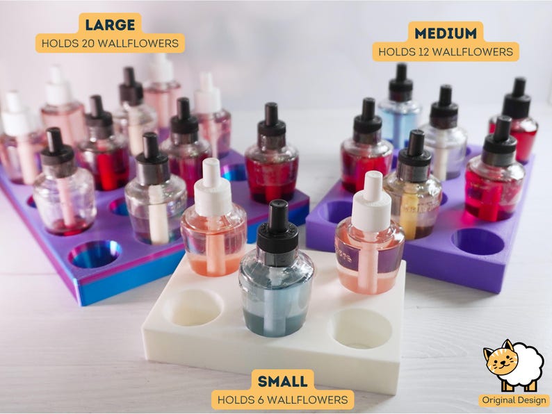 May include: Three different sizes of wallflower holders, labeled "Large", "Medium", and "Small". The holders are made of white plastic and have purple, blue, and white accents. The holders are filled with wallflower bottles, which are clear glass bottles with black caps and colorful liquids inside. The text on the holders reads "Holds 20 Wallflowers", "Holds 12 Wallflowers", and "Holds 6 Wallflowers".