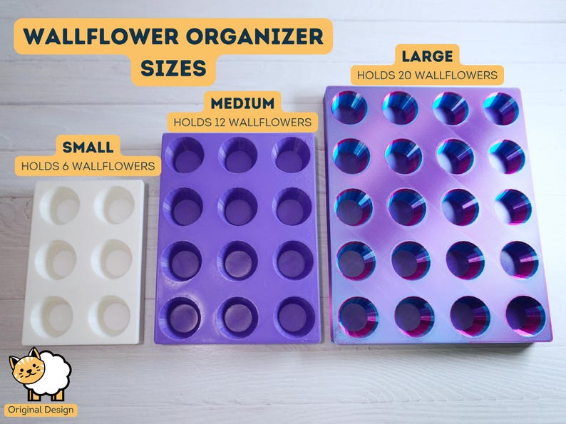 May include: Three wallflower organizers in different sizes: small, medium, and large. The small organizer is white and holds 6 wallflowers. The medium organizer is purple and holds 12 wallflowers. The large organizer is iridescent purple and holds 20 wallflowers.