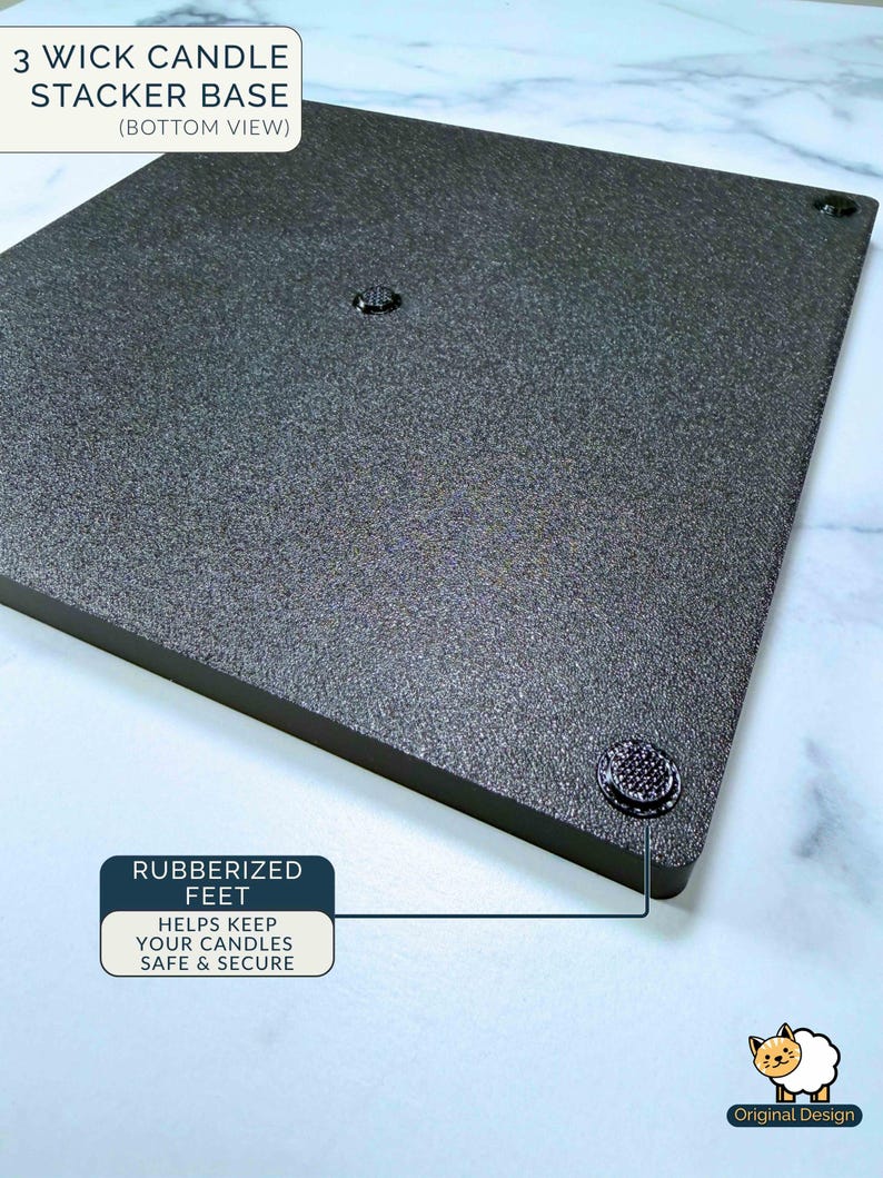 May include: A square black 3 wick candle stacker base with a textured surface. The bottom view shows four small circular rubberised feet positioned at the corners and one in the centre to provide stability for candles placed on the flat platform.
